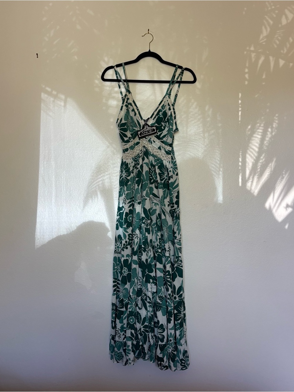 Green Floral Maxi Dress with Lace-Trim